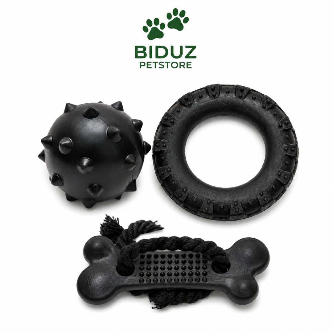 Kit 3 Brinquedos Mordedores para Cães – Pneu, Bola Cravo e Ossinho com Corda
