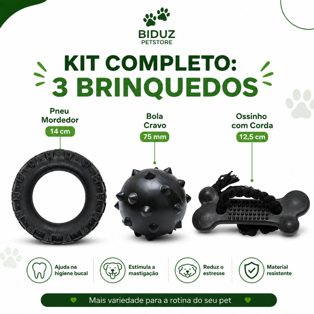 Kit 3 Brinquedos Mordedores para Cães – Pneu, Bola Cravo e Ossinho com Corda