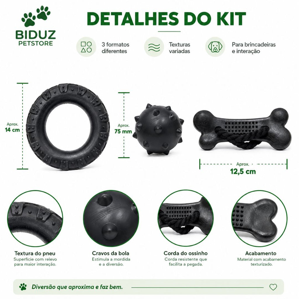 Kit 3 Brinquedos Mordedores para Cães – Pneu, Bola Cravo e Ossinho com Corda