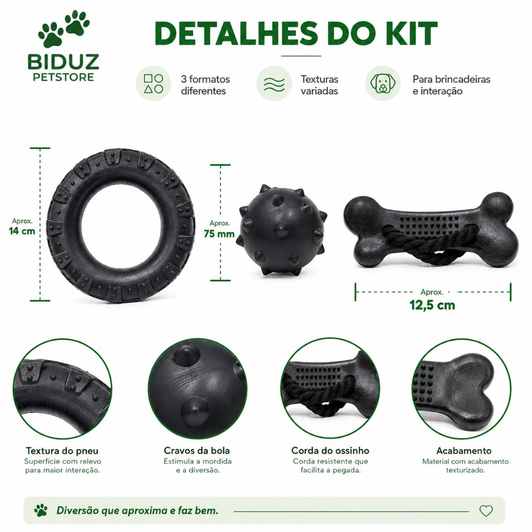 Kit 3 Brinquedos Mordedores para Cães – Pneu, Bola Cravo e Ossinho com Corda