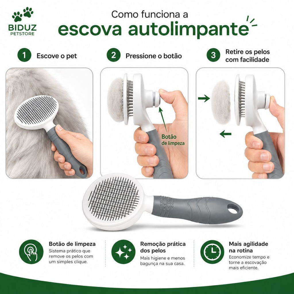Escova Autolimpante para Cães e Gatos – Remove Pelos e Massageia
