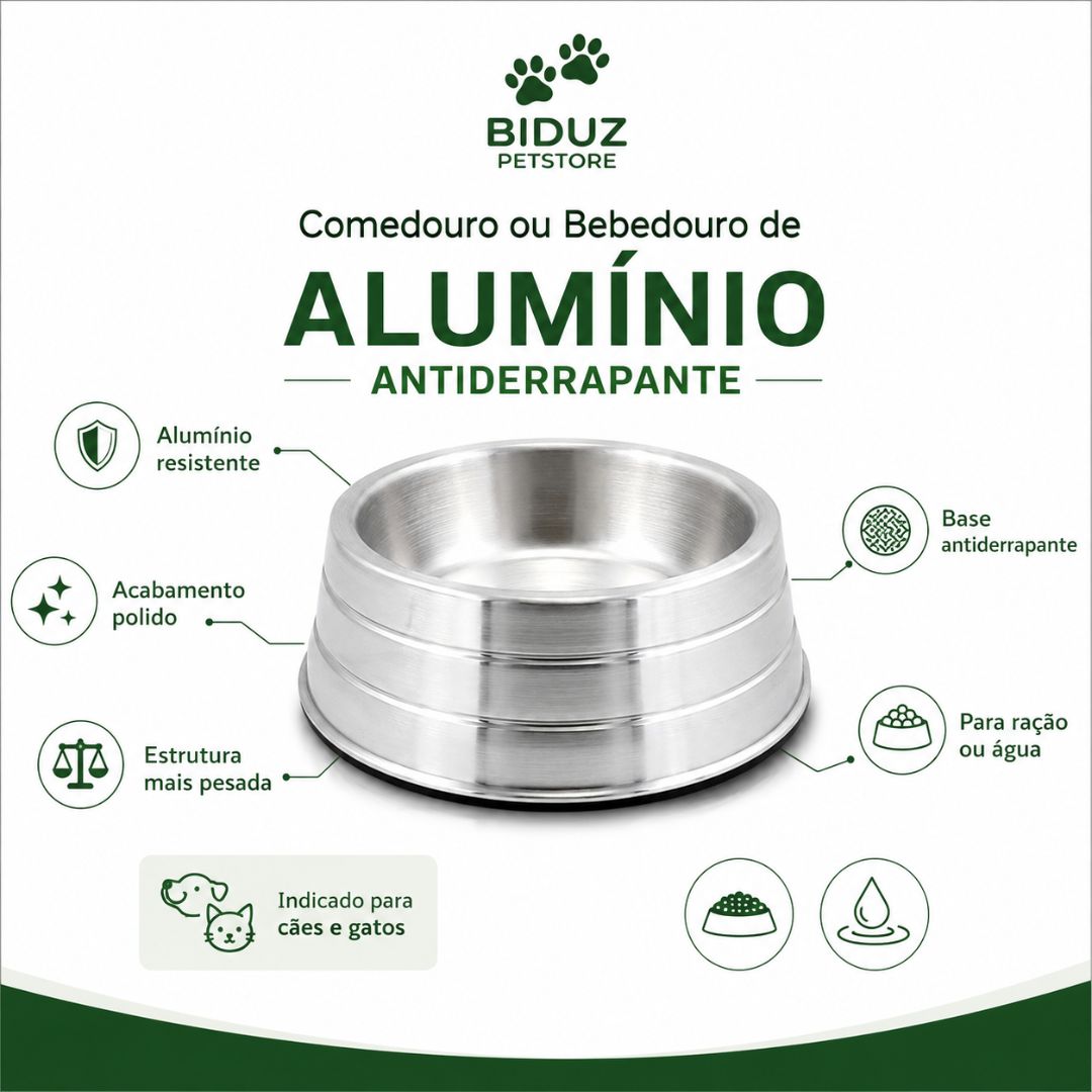 Comedouro ou Bebedouro de Alumínio Antiderrapante para Cães e Gatos – 700 ml e 1200 ml