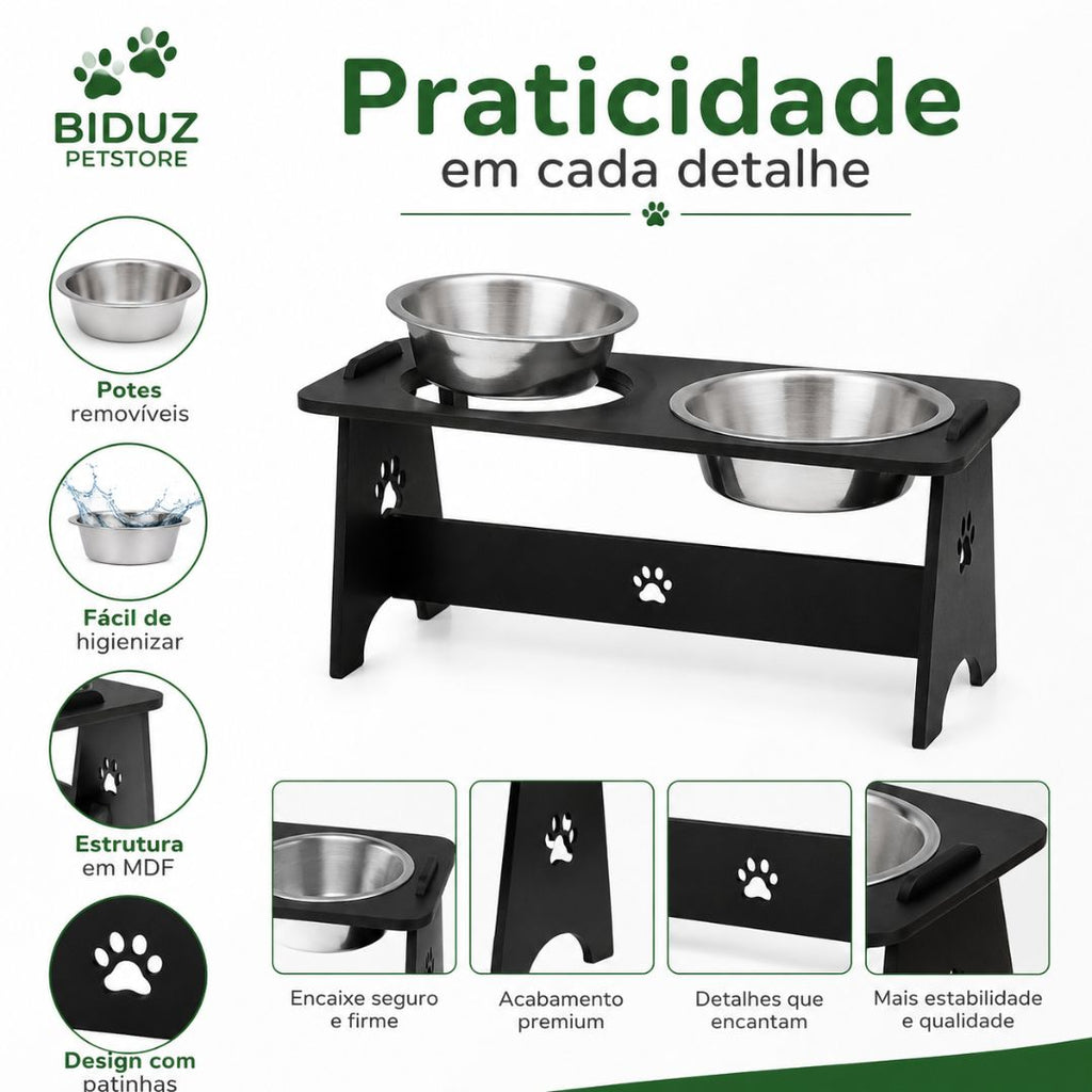 Comedouro Elevado Duplo para Cães e Gatos com 2 Potes de Alumínio