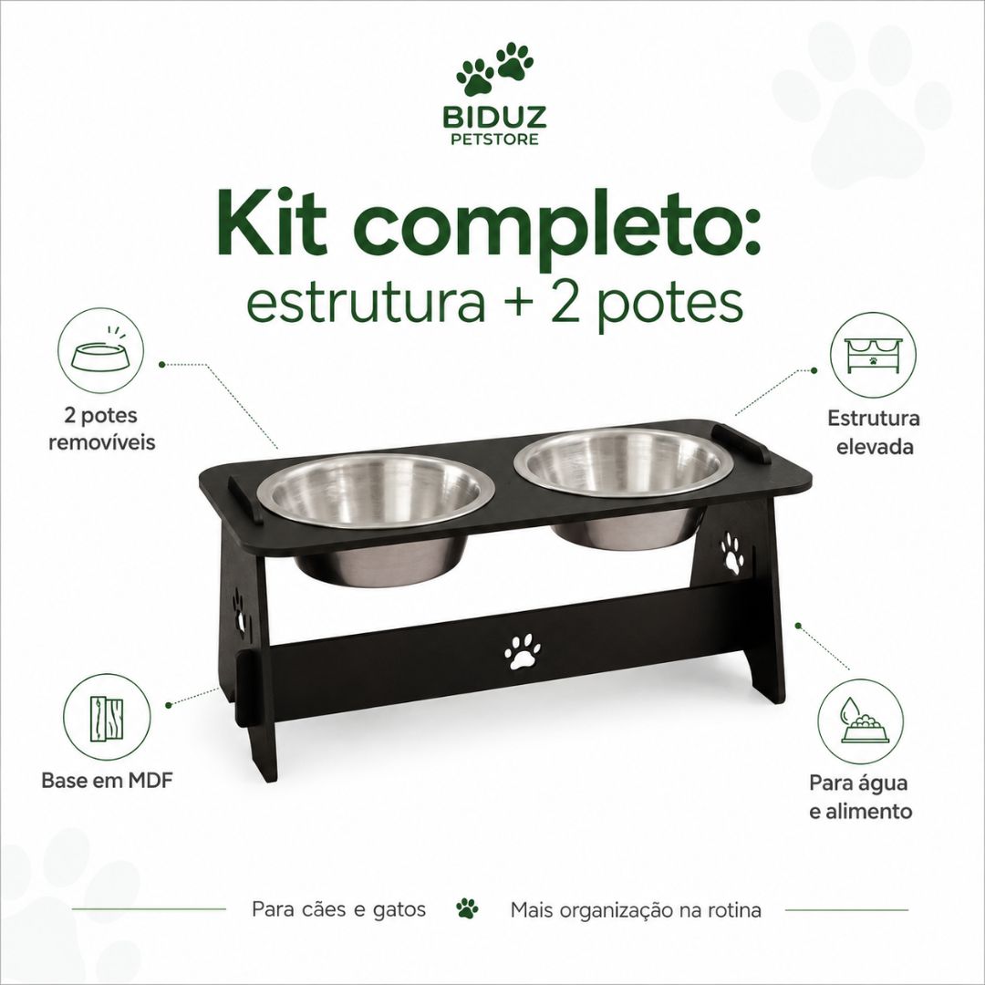 Comedouro Elevado Duplo para Cães e Gatos com 2 Potes de Alumínio