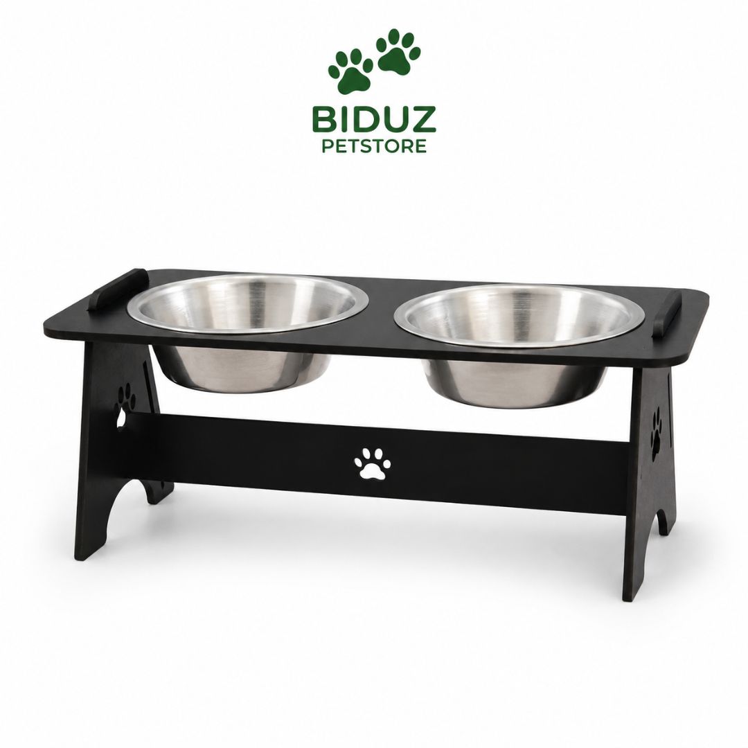 Comedouro Elevado Duplo para Cães e Gatos com 2 Potes de Alumínio
