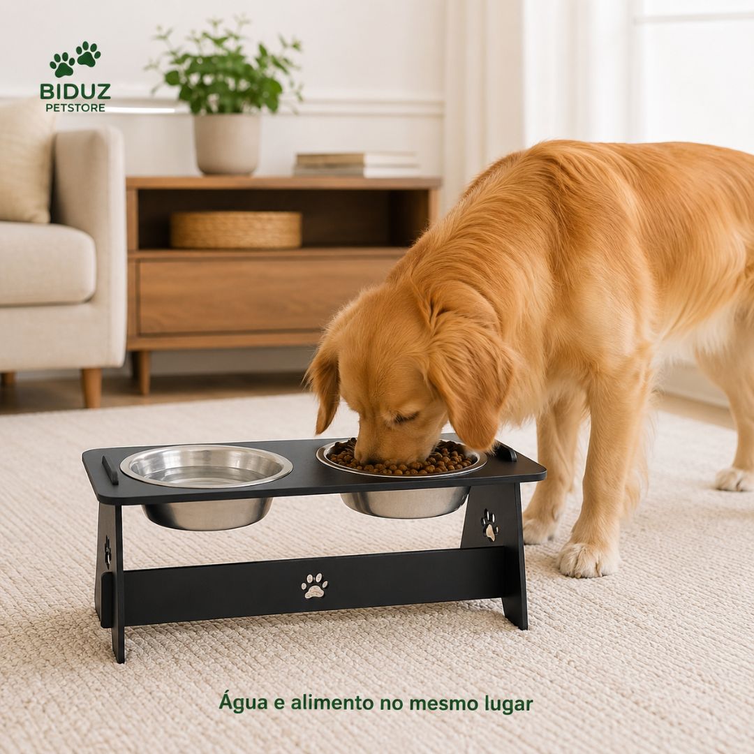 Comedouro Elevado Duplo para Cães e Gatos com 2 Potes de Alumínio