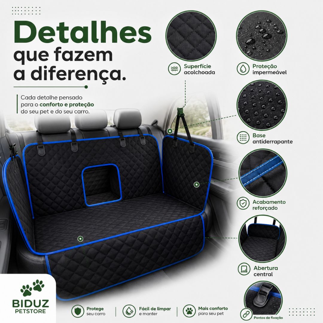 Capa Protetora Premium 4 em 1 para Banco de Carro Pet Impermeável Acolchoada e Antiderrapante – Cães e Gatos