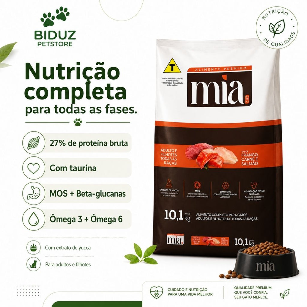 Ração Mia Cat Premium para Gatos Adultos e Filhotes 10,1 kg – Carne, Salmão e Frango | 27% Proteína