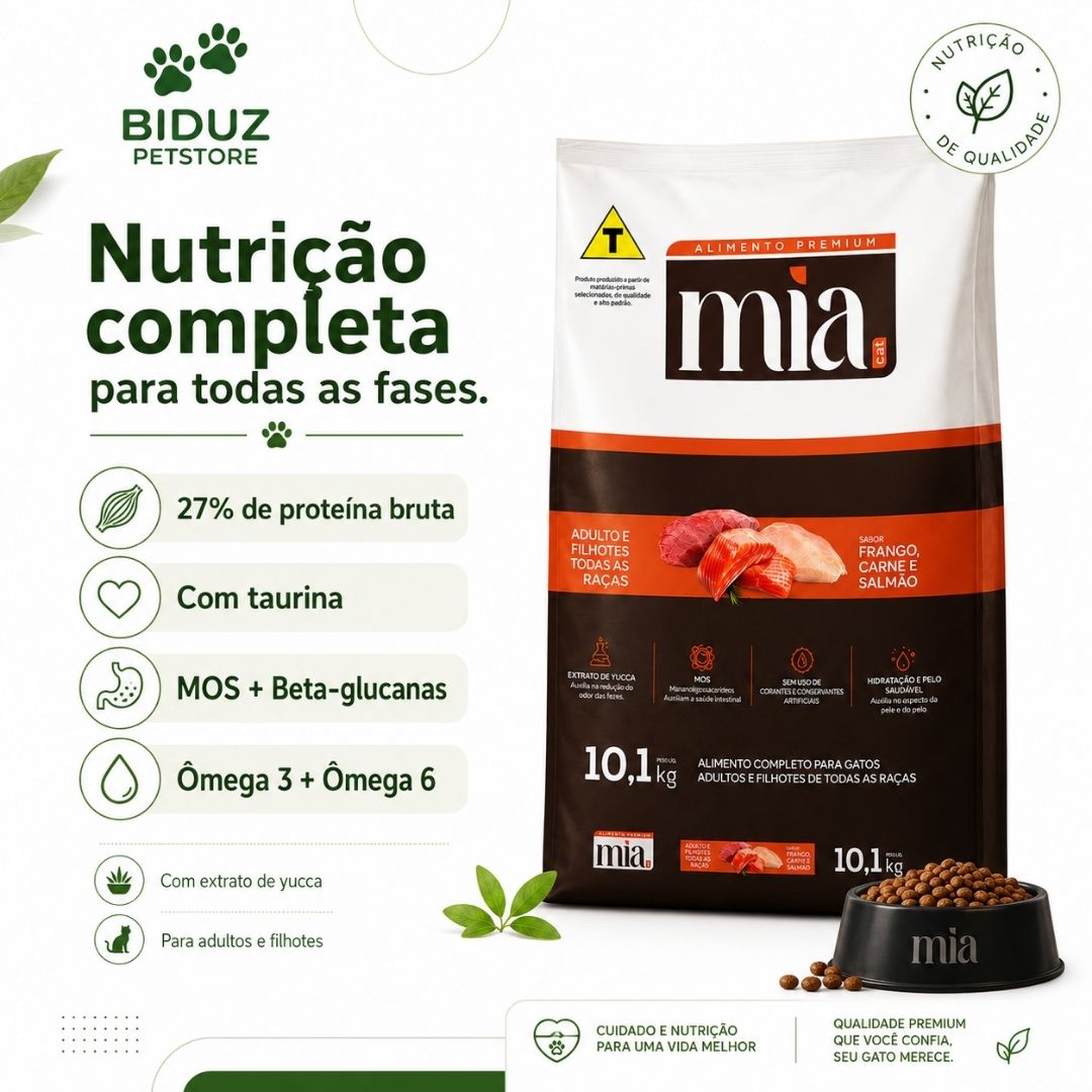 Ração Mia Cat Premium para Gatos Adultos e Filhotes 10,1 kg – Carne, Salmão e Frango | 27% Proteína