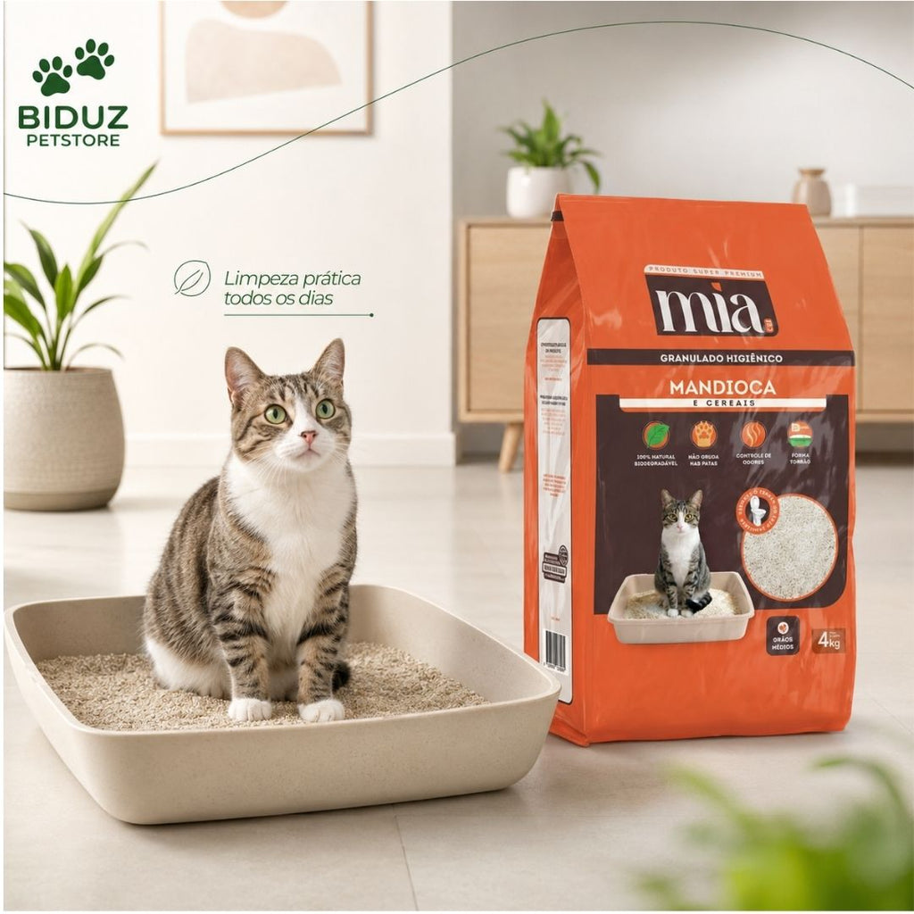 Granulado Higiênico Mia Cat Mandioca + Cereais 4 kg para Gatos – Biodegradável e Aglomerante