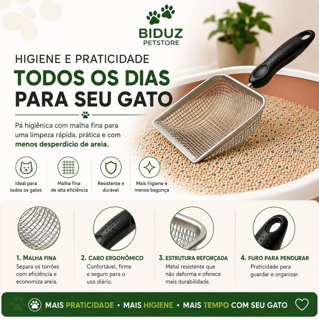 Pá Higiênica para Caixa de Areia de Gatos com Malha Fina e Cabo Ergonômico | Pá Metálica Resistente para Limpeza Rápida