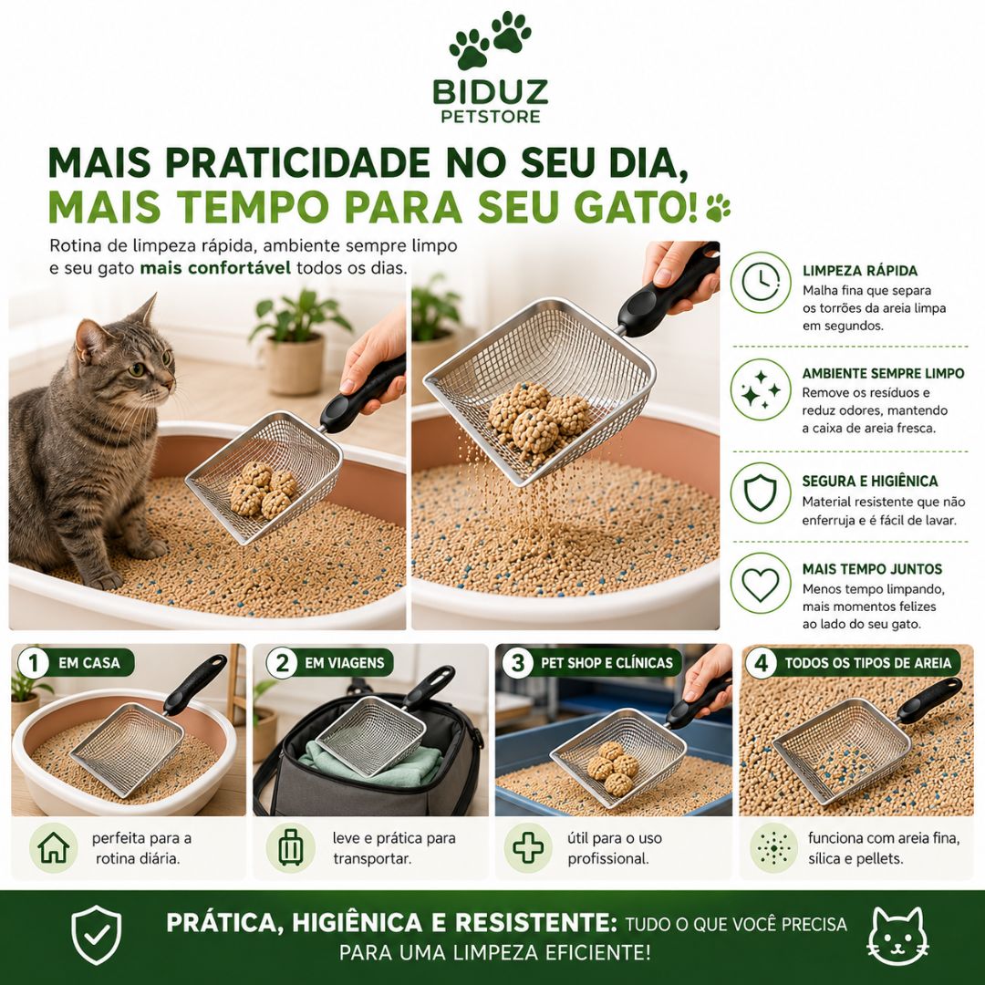 Pá Higiênica para Caixa de Areia de Gatos com Malha Fina e Cabo Ergonômico | Pá Metálica Resistente para Limpeza Rápida