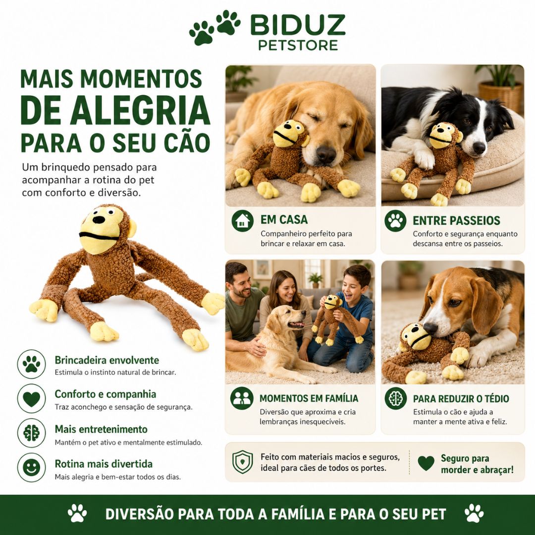 Brinquedo Macaco de Pelúcia para Cães | Interativo, Macio e Ideal para Brincadeiras