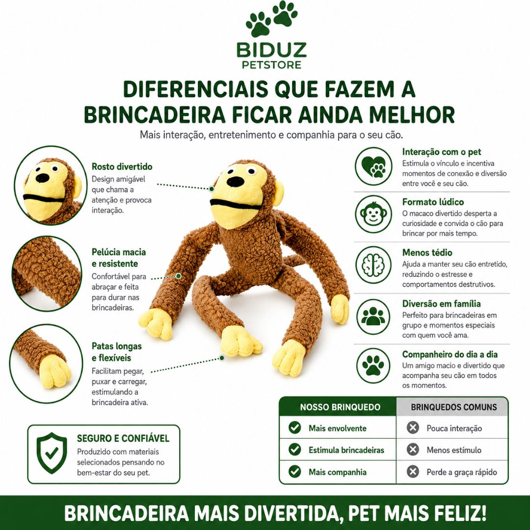 Brinquedo Macaco de Pelúcia para Cães | Interativo, Macio e Ideal para Brincadeiras
