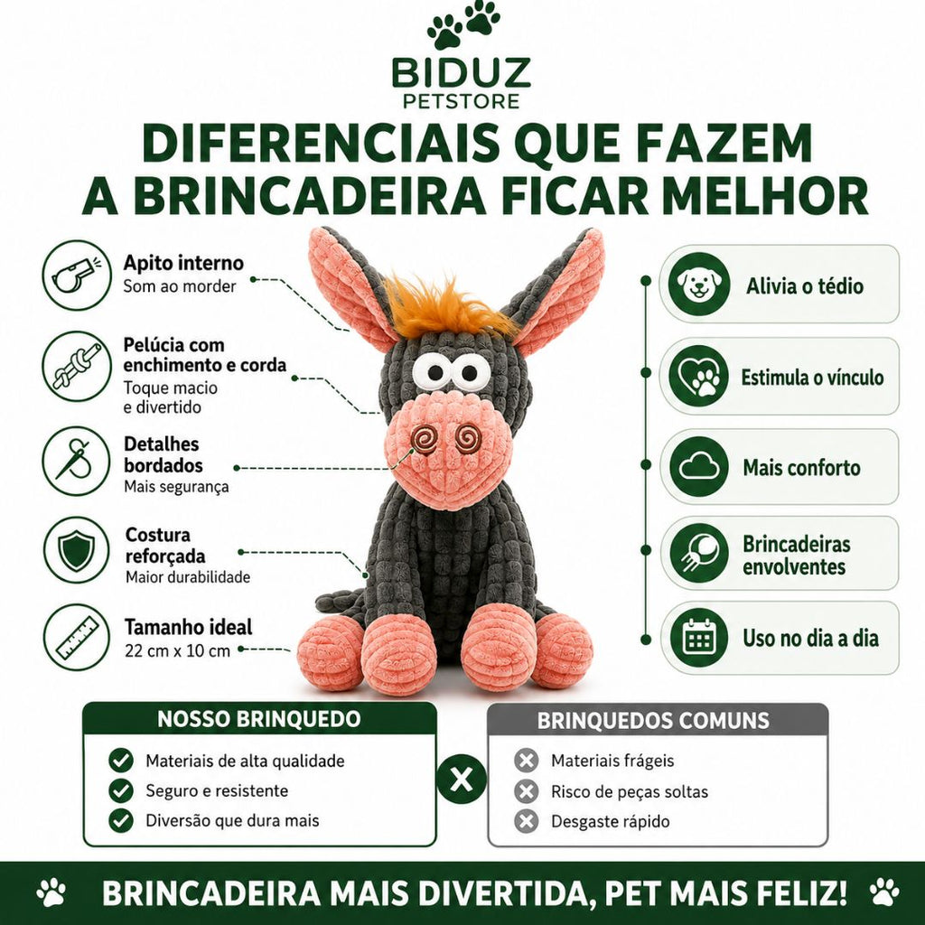 Brinquedo Burrinho de Pelúcia para Cães com Apito Interno e Corda | 22 × 10 cm