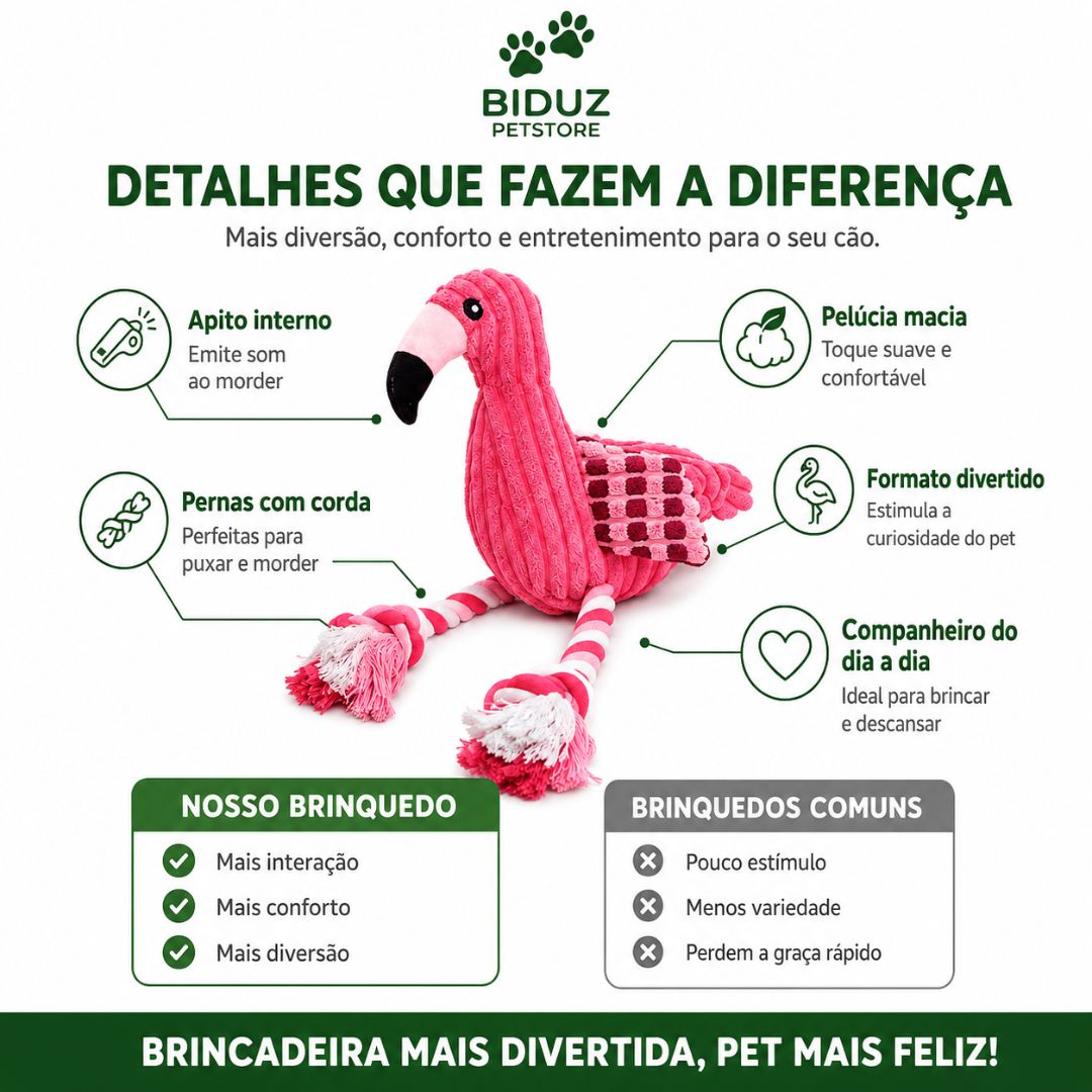 Brinquedo Flamingo de Pelúcia para Cães com Apito e Pernas de Corda | Interativo e Macio