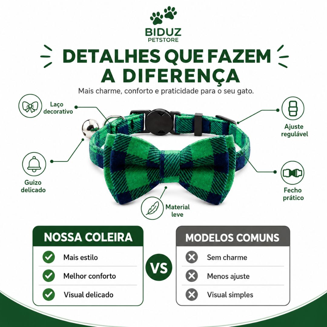 Coleira Xadrez para Gatos com Laço e Guizo | Ajustável, Confortável e Charmosa