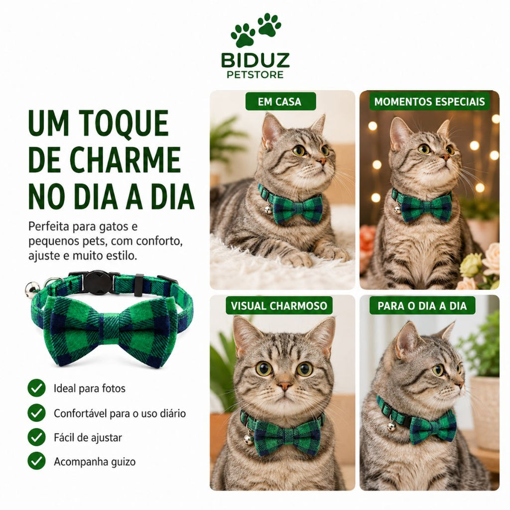 Coleira Xadrez para Gatos com Laço e Guizo | Ajustável, Confortável e Charmosa