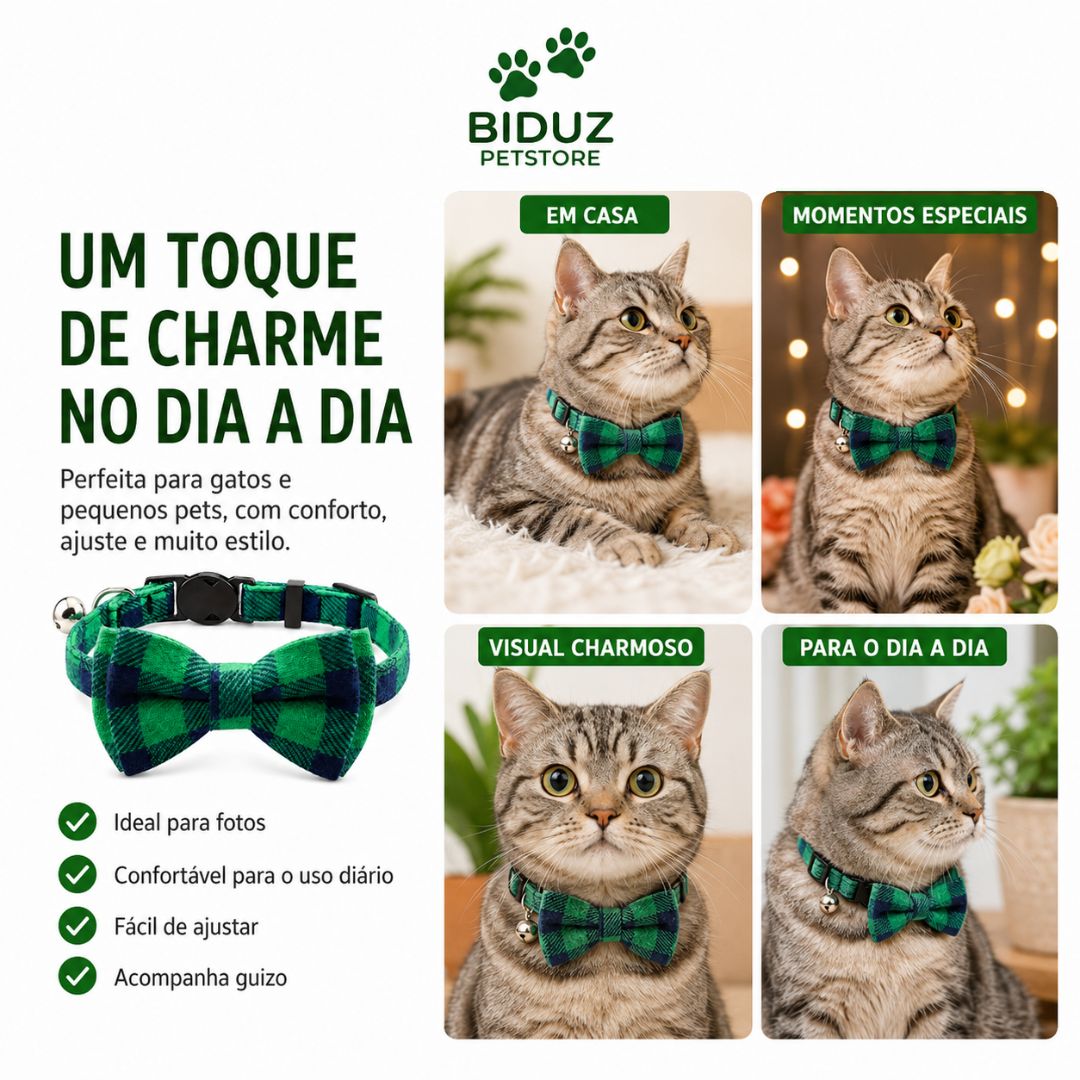 Coleira Xadrez para Gatos com Laço e Guizo | Ajustável, Confortável e Charmosa