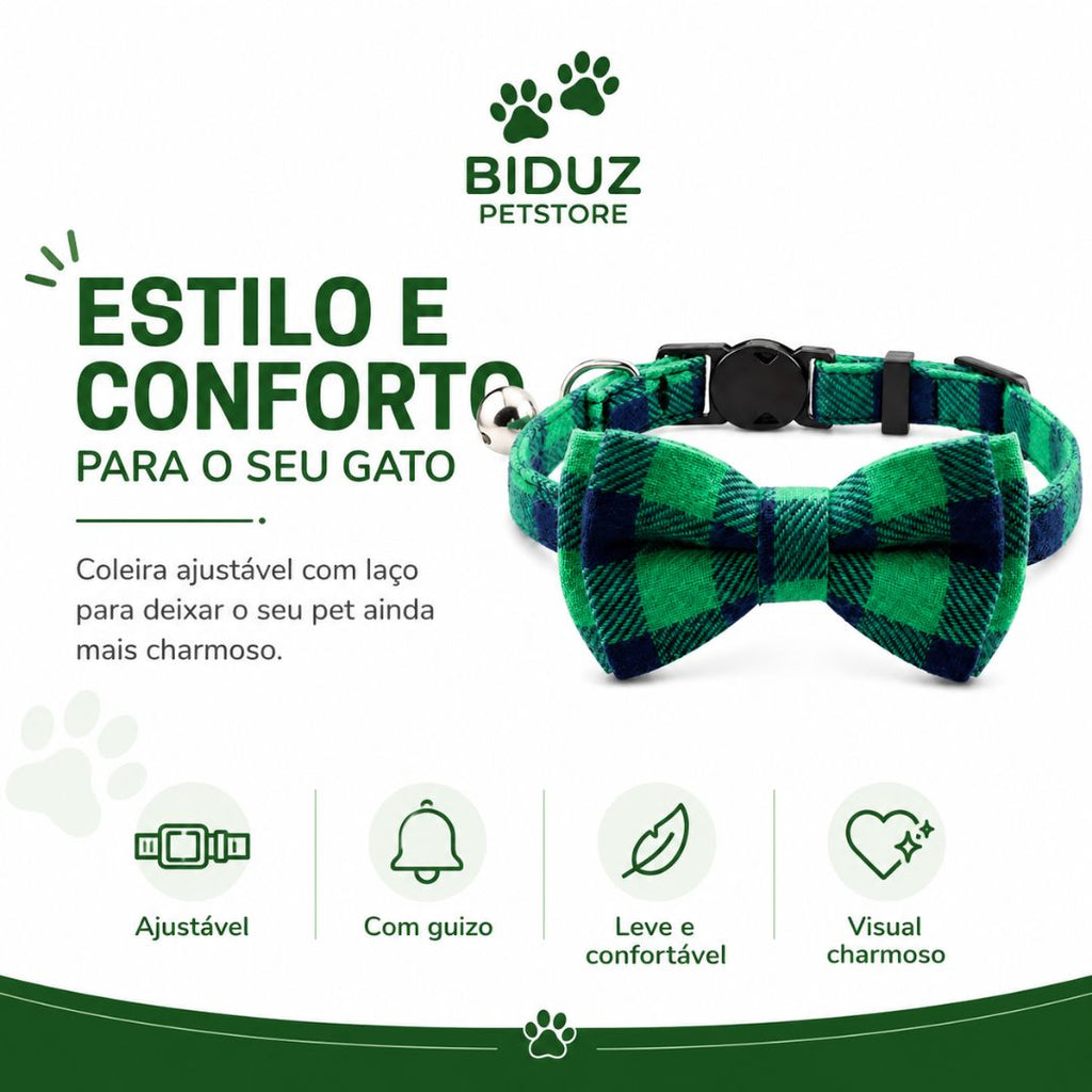 Coleira Xadrez para Gatos com Laço e Guizo | Ajustável, Confortável e Charmosa