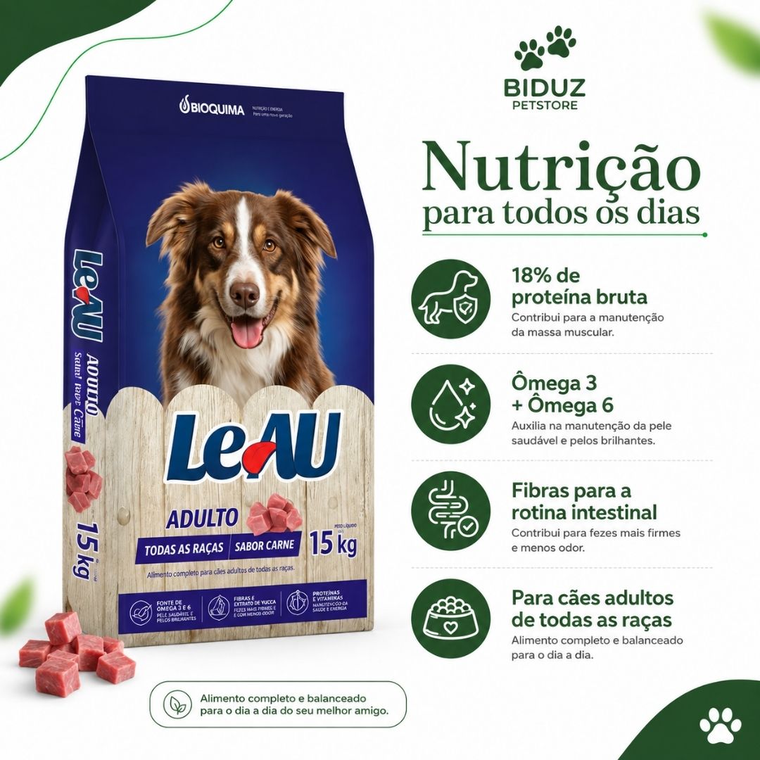 Ração Leau Adulto Sabor Carne 15 kg para Cães – 18% de Proteína