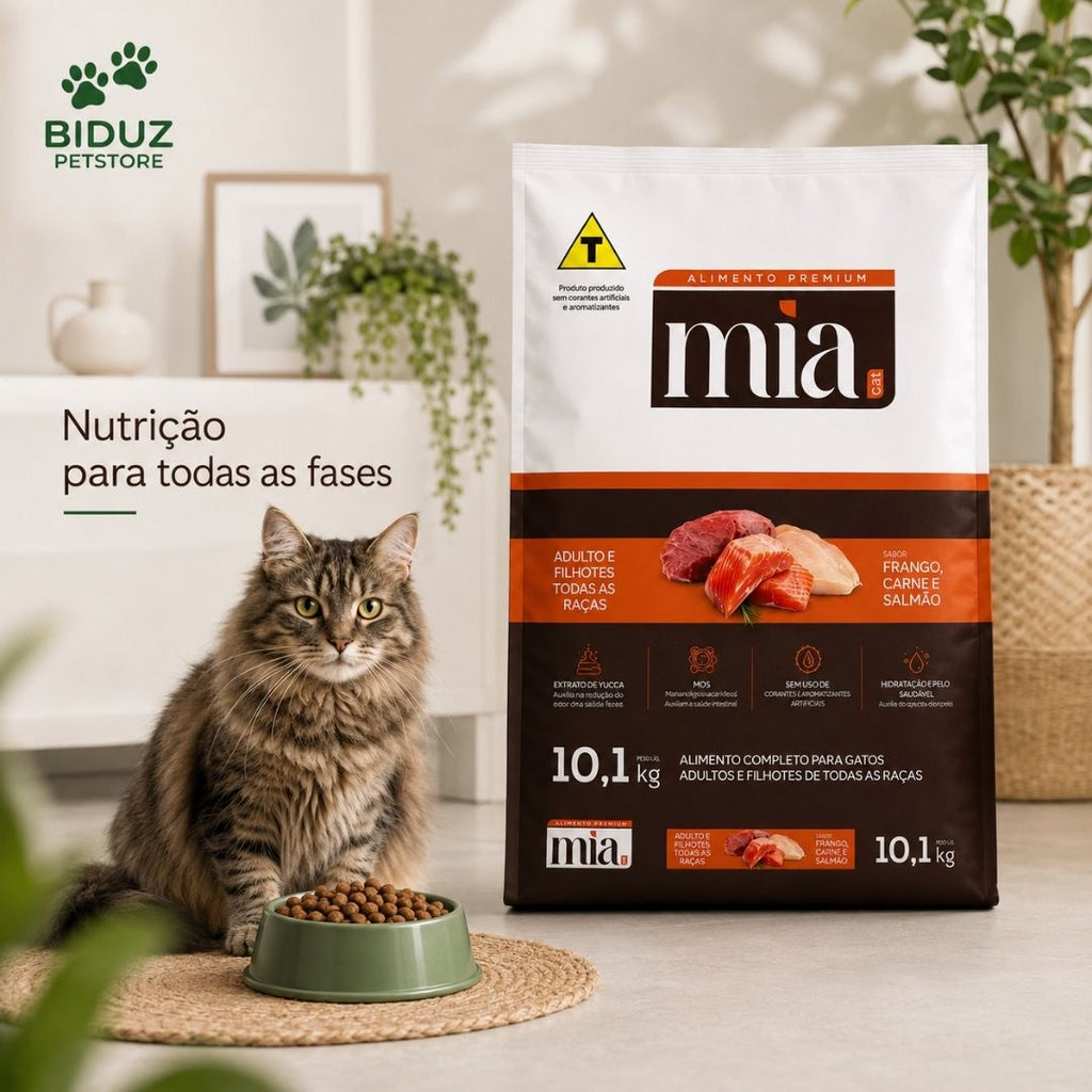 Ração Mia Cat Premium para Gatos Adultos e Filhotes 10,1 kg – Carne, Salmão e Frango | 27% Proteína