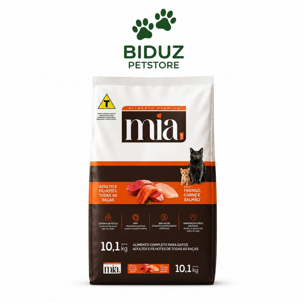 Ração Mia Cat Premium para Gatos Adultos e Filhotes 10,1 kg – Carne, Salmão e Frango | 27% Proteína