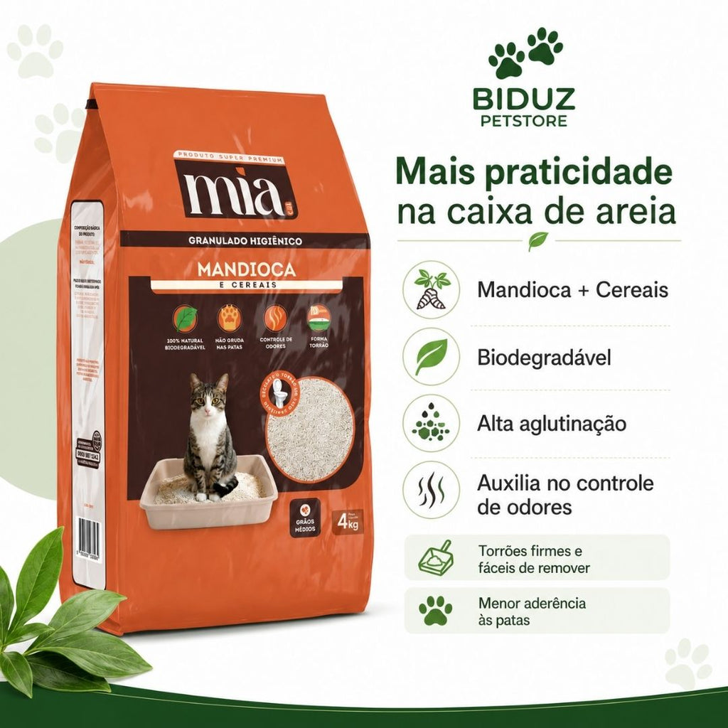 Granulado Higiênico Mia Cat Mandioca + Cereais 4 kg para Gatos – Biodegradável e Aglomerante