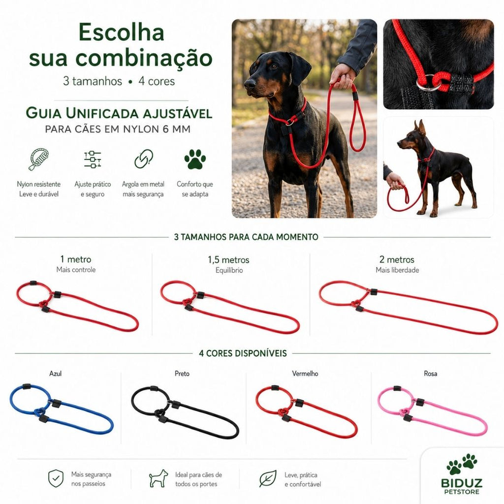 Guia Unificada Ajustável para Cães em Nylon 6 mm – Passeio e Adestramento
