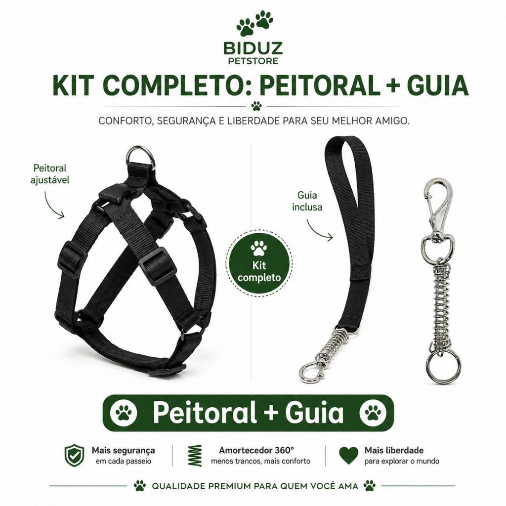 Kit Peitoral Ajustável com Guia para Cães Médios e Grandes – Reforçado e Confortável