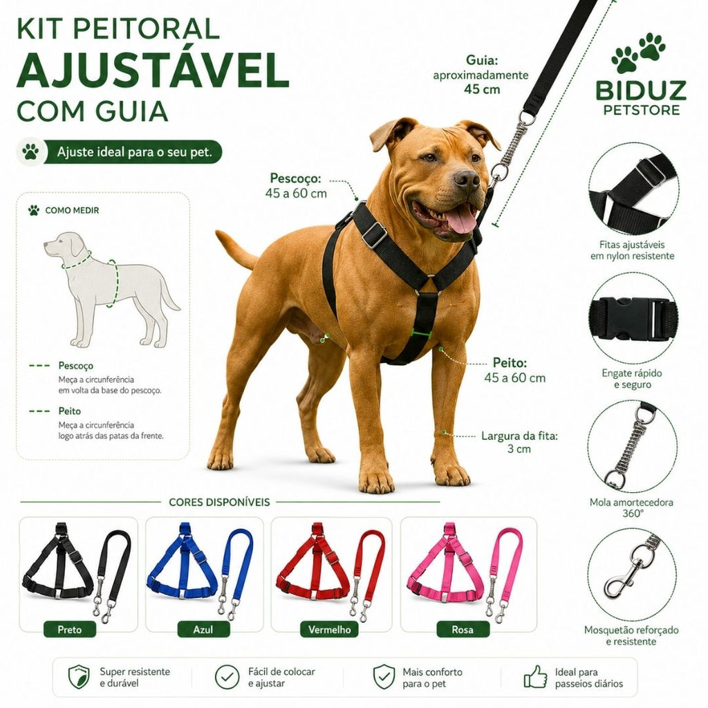 Kit Peitoral Ajustável com Guia para Cães Médios e Grandes – Reforçado e Confortável